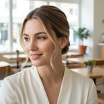 Model wearing platinum-plated silver stud earrings with purple birthstone and halo of clear CZ stones.