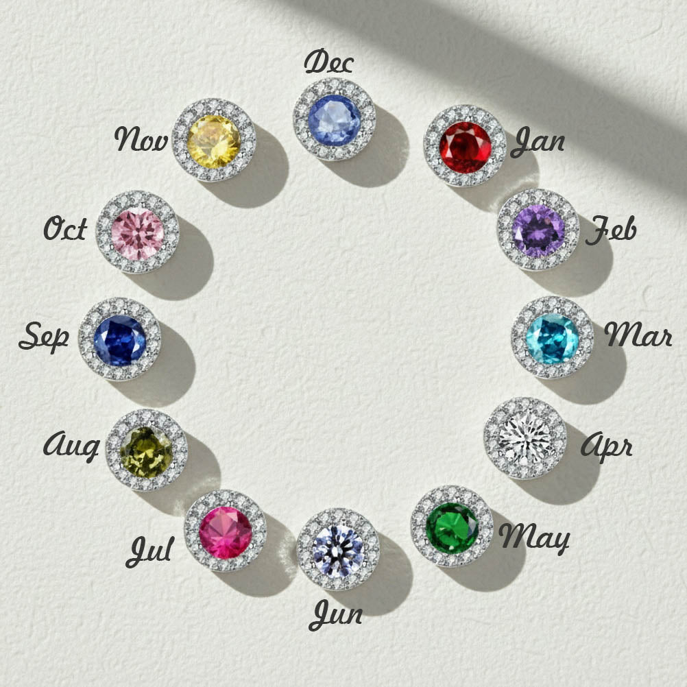 Twelve birthstone stud earring colors arranged in a circle, each with platinum-plated halo and cubic zirconia border.