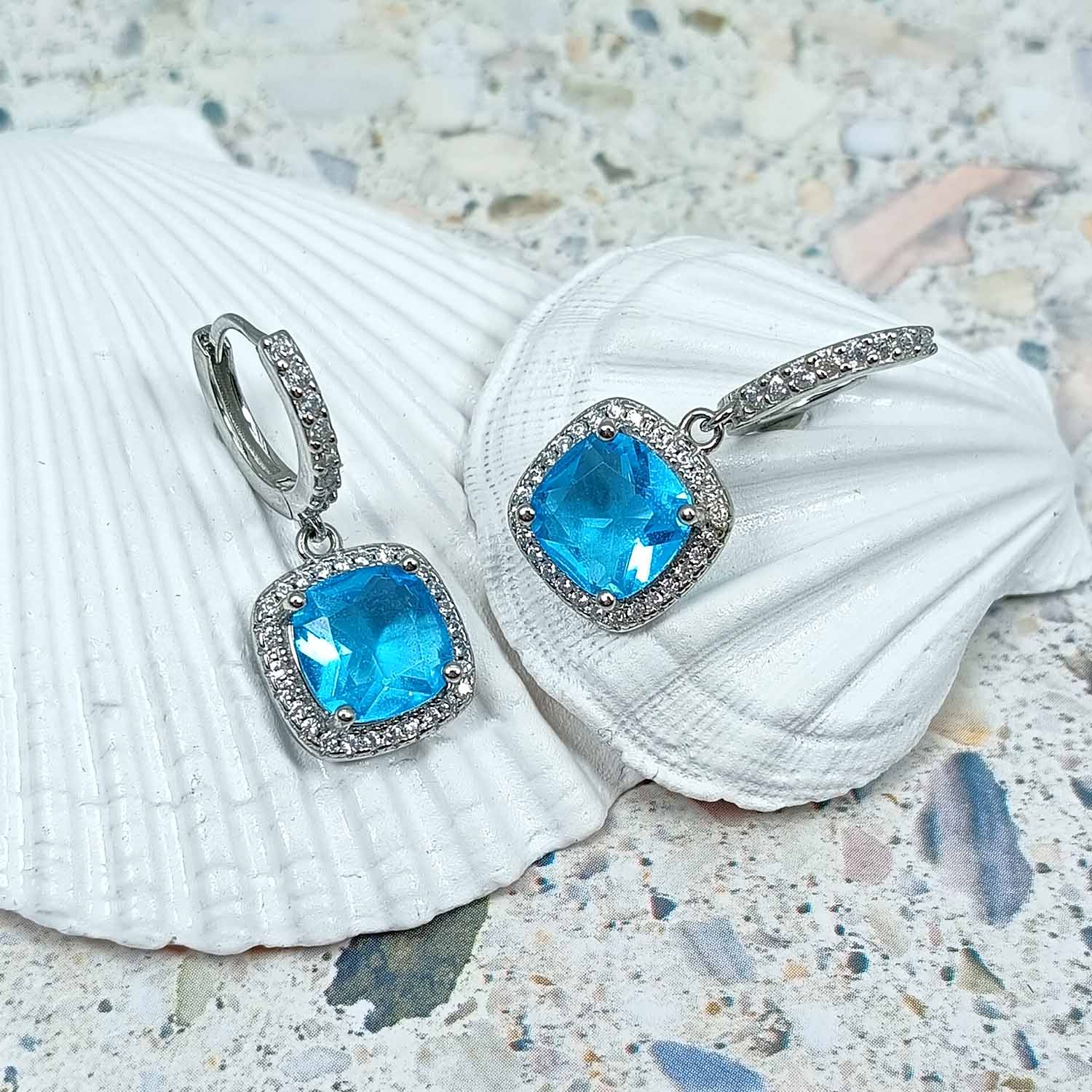 Square Halo Birthstone Drop Earrings | 925 Sterling Silver
