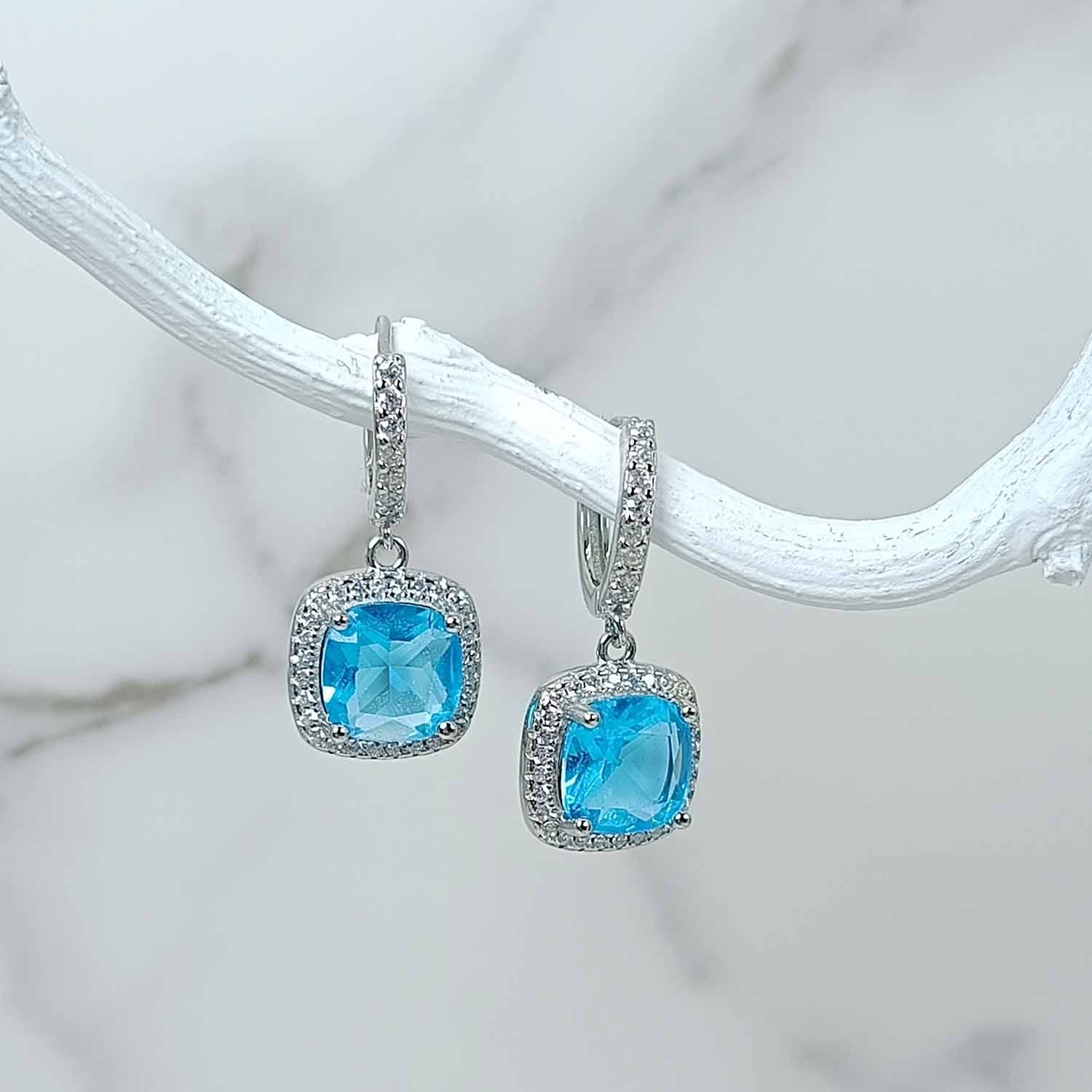 Square Halo Birthstone Drop Earrings | 925 Sterling Silver