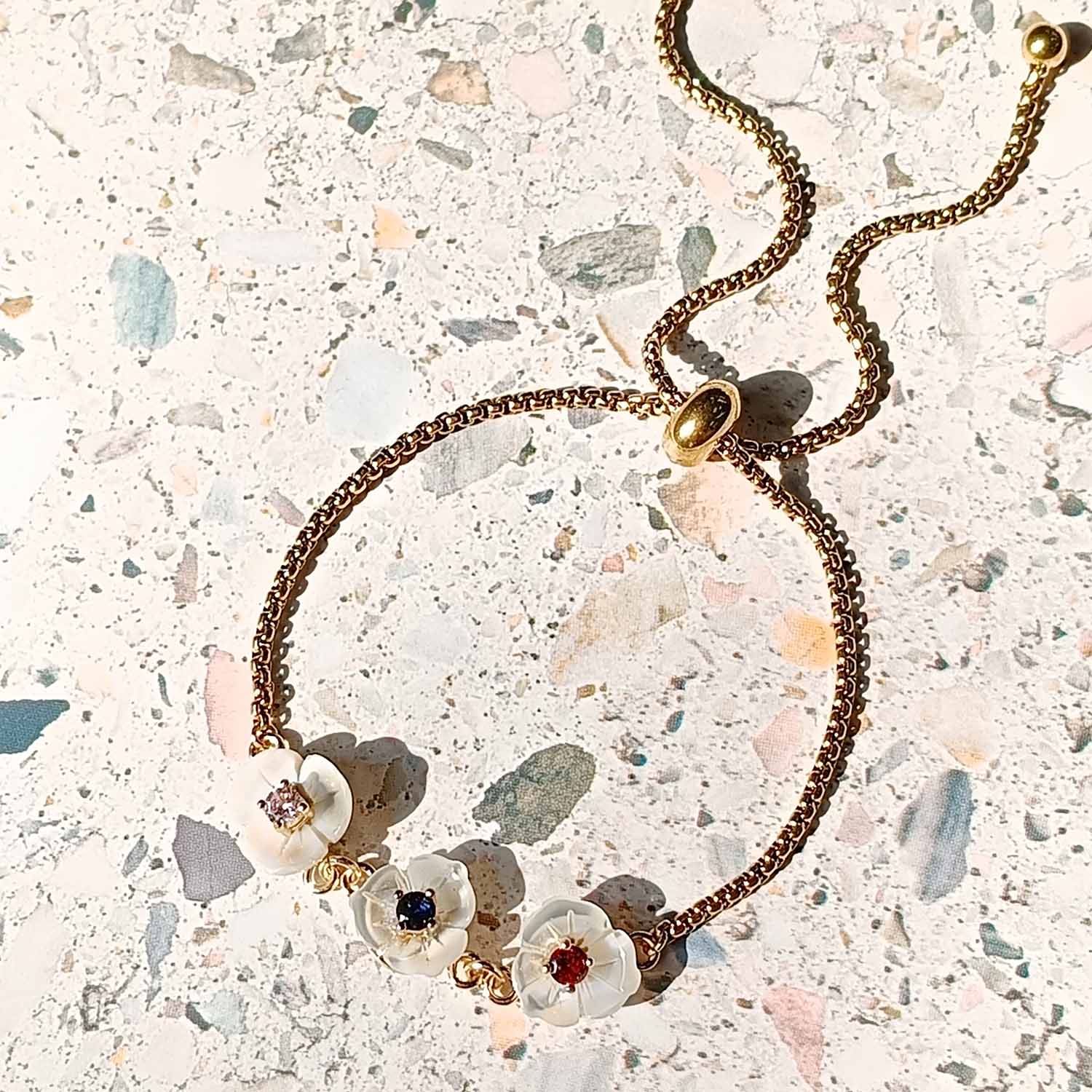 Customizable Mother of Pearl Birthstone Flower Slider Bracelet