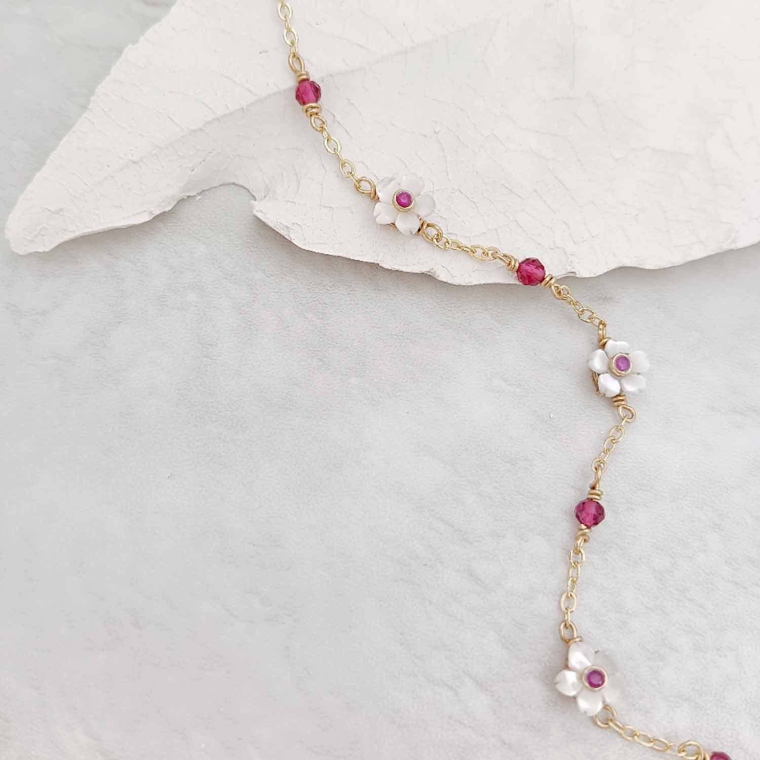 Mother of Pearl Flower Bracelet with Birthstone & Gem Beads