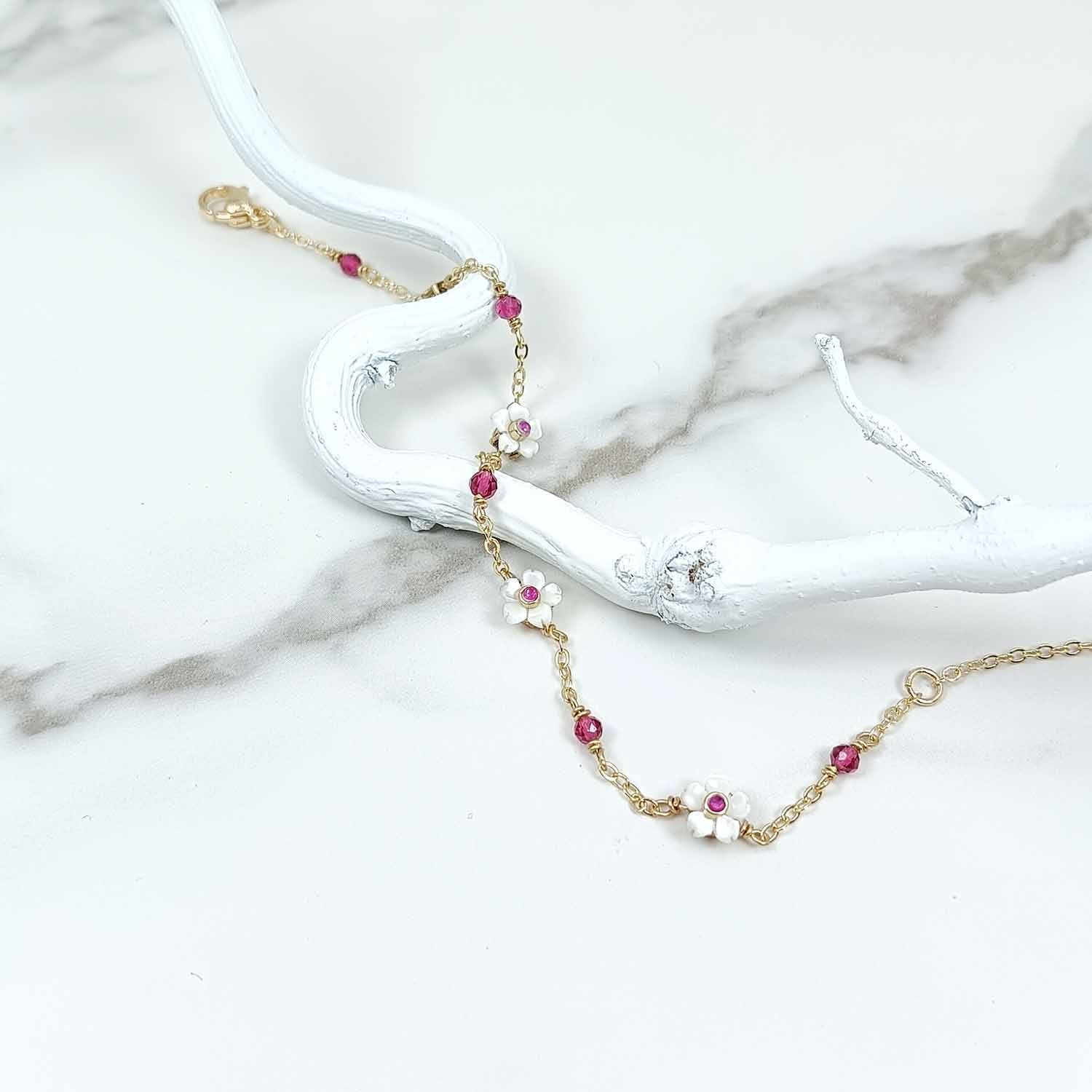 Mother of Pearl Flower Bracelet with Birthstone & Gem Beads