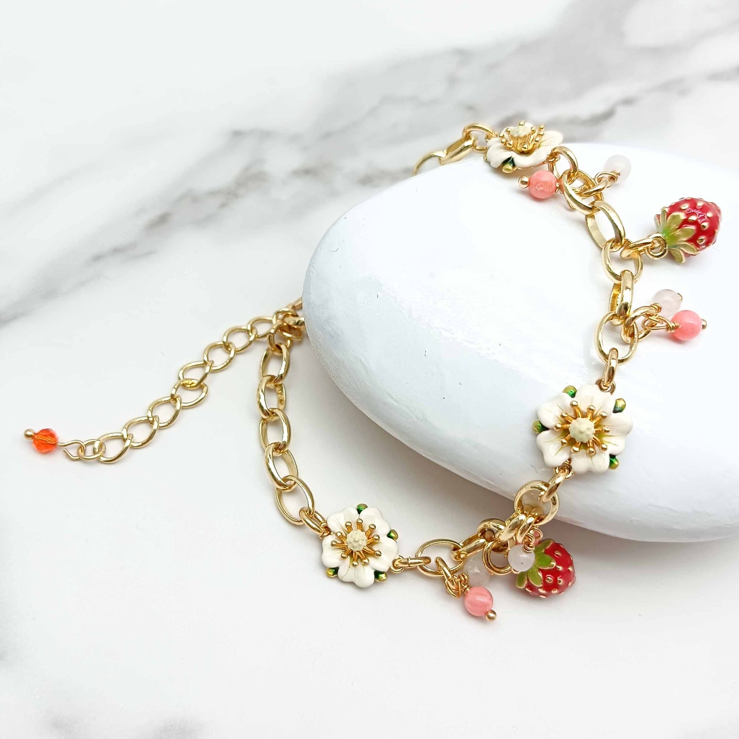 Strawberry & Daisy Enamel Charm Bracelet – Handpainted Floral Jewelry