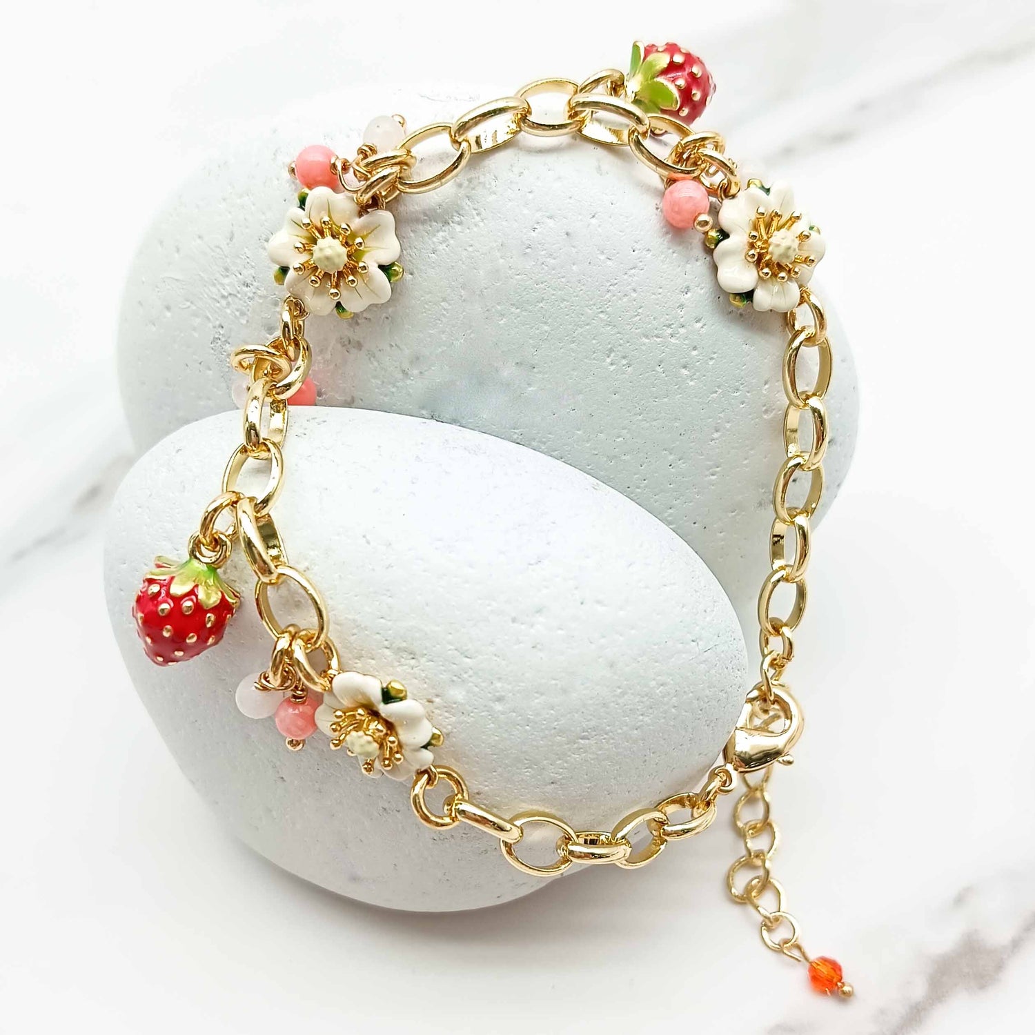 Strawberry & Daisy Enamel Charm Bracelet – Handpainted Floral Jewelry
