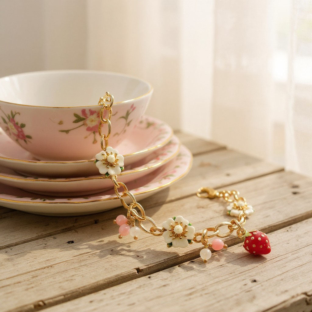 Bracelet with floral and strawberry charms on a wooden surface with a tea set in the background