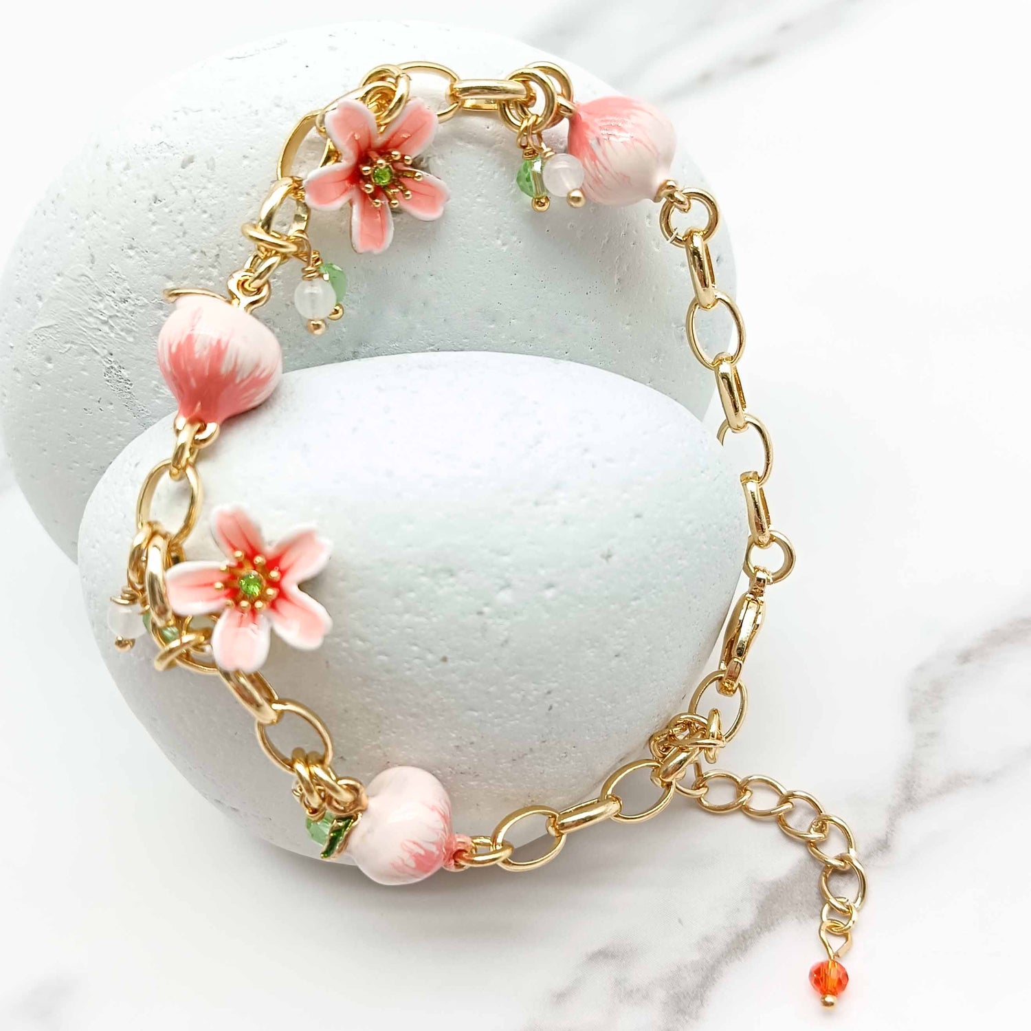 Peach & Sakura Enamel Flower Bracelet – Handpainted Spring Charm
