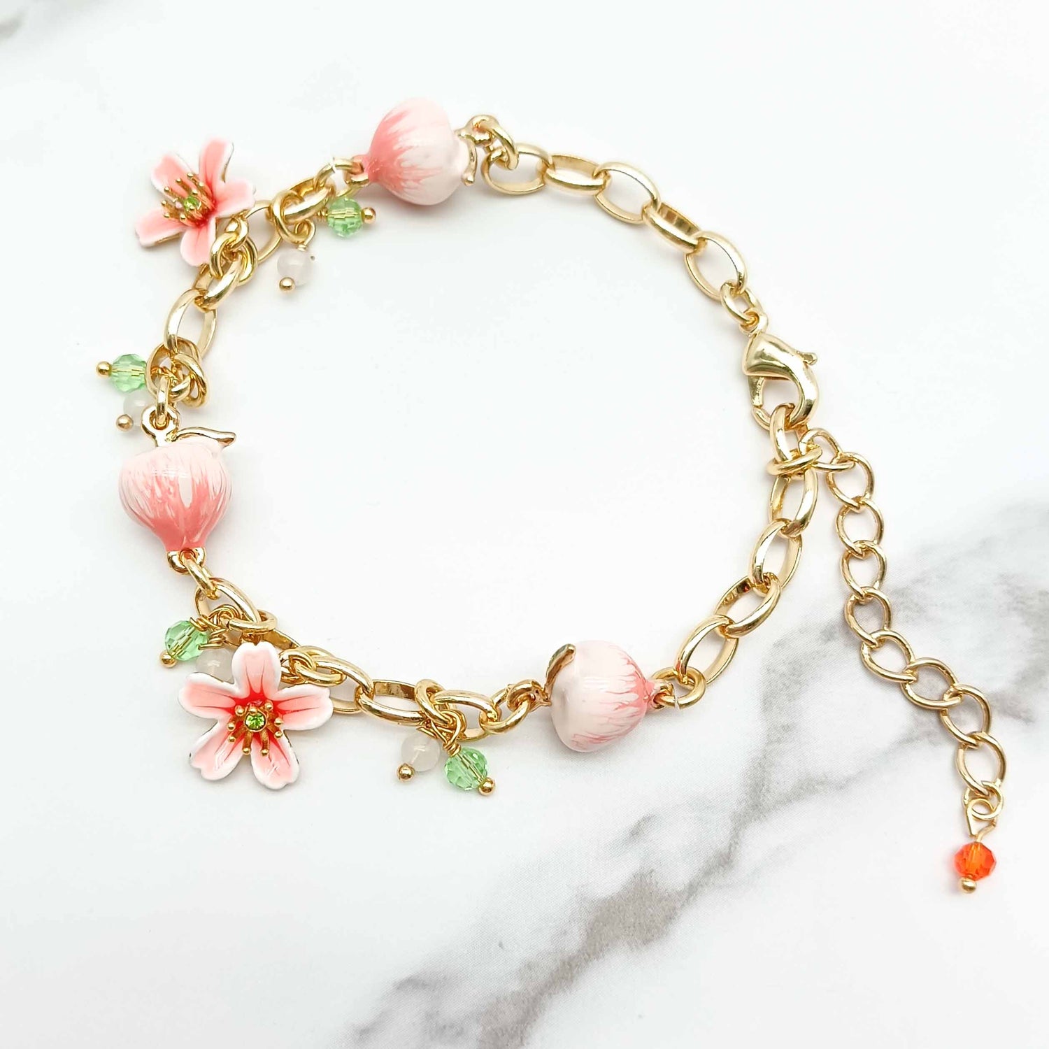 Peach & Sakura Enamel Flower Bracelet – Handpainted Spring Charm