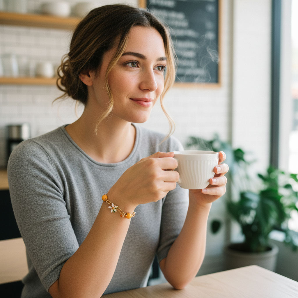 Woman holding a steaming cup of coffee in a cozy cafe setting