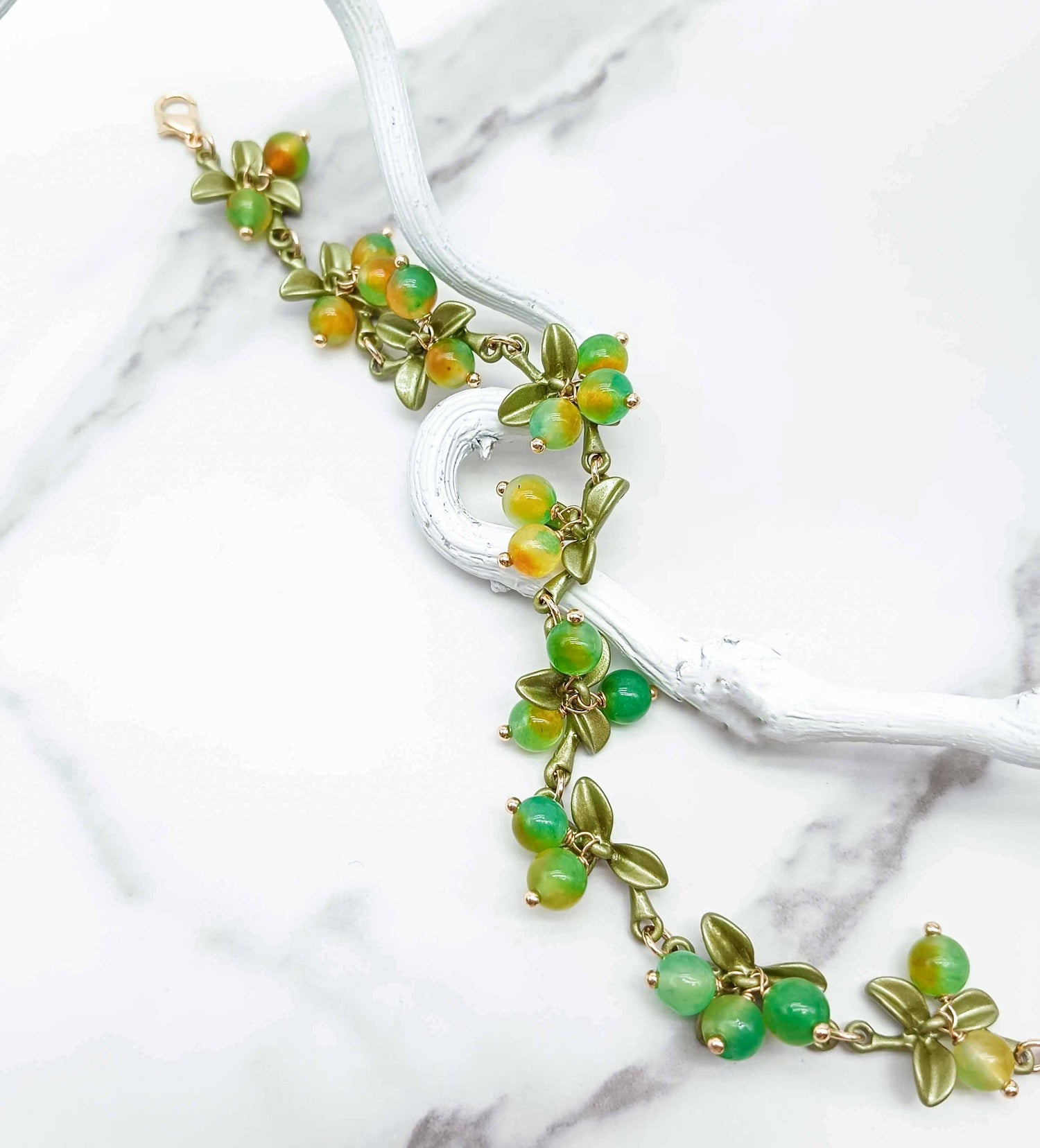 Green & Yellow Berry Garden Bracelet – Semi-Precious Stone & Enamel Leaves