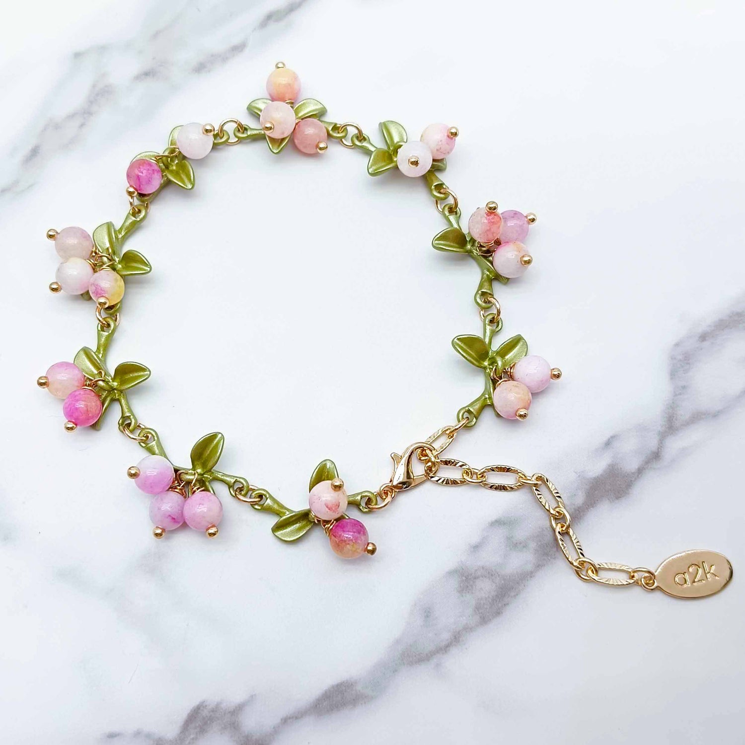 Pink Berry Garden Bracelet – Semi-Precious Stone & Enamel Leaves