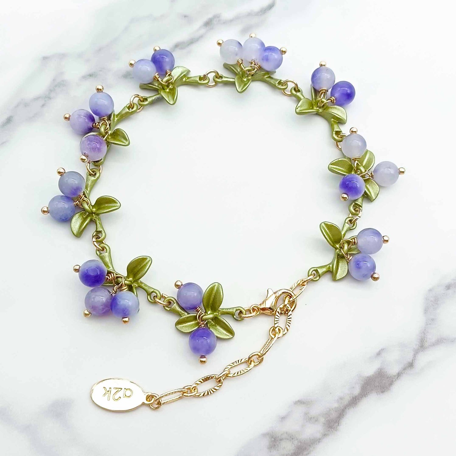 Purple Berry Garden Bracelet – Semi-Precious Stones & Enamel Leaves