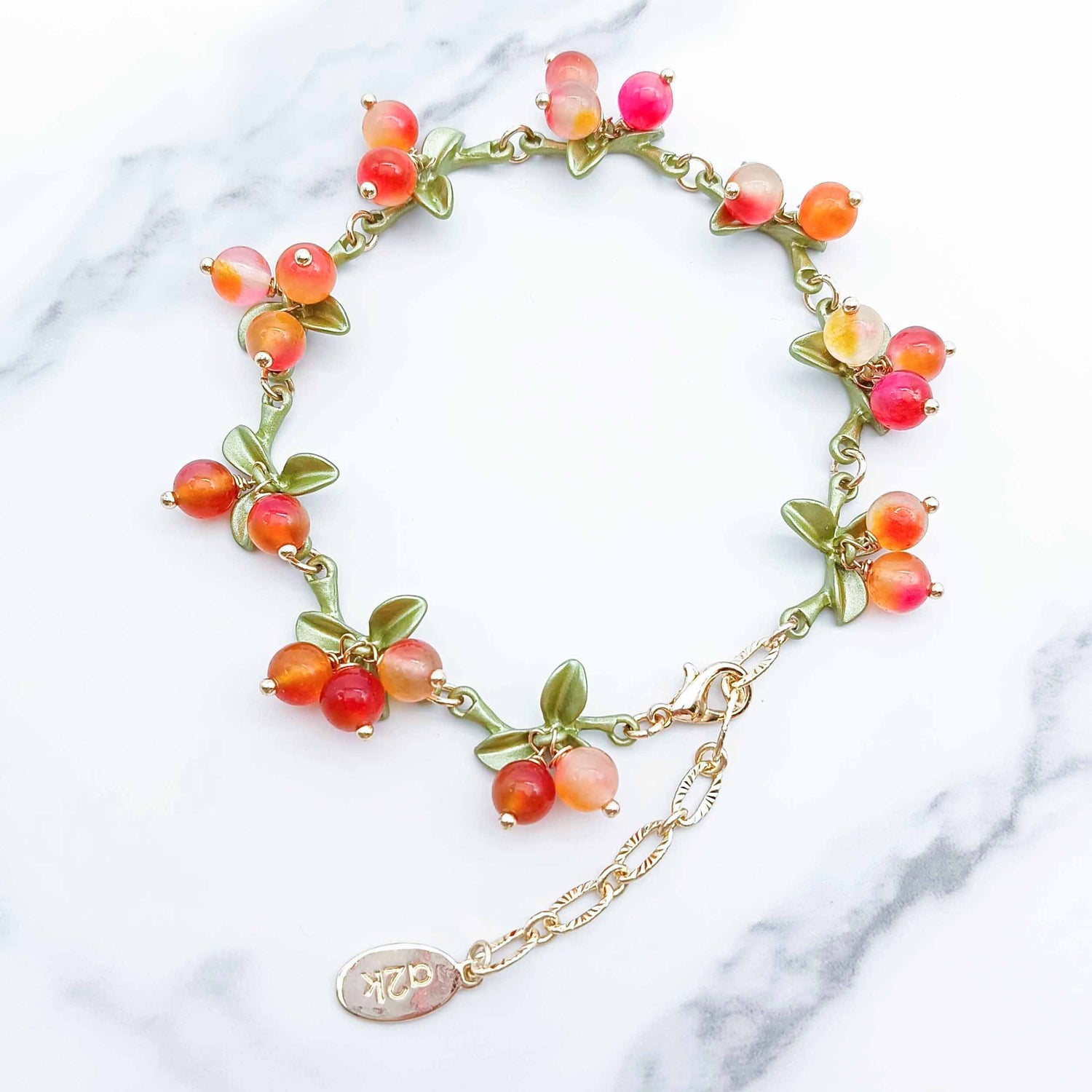 Orange Berry Garden Necklace – Semi-Precious Stone & Enamel Leaf Design | Gold-Plated Brass