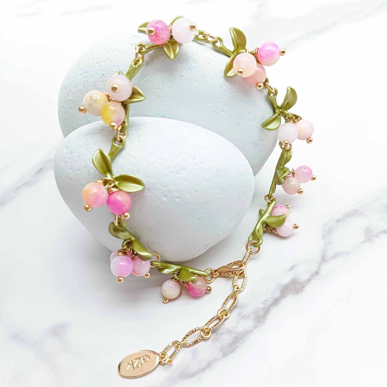 Pink Berry Garden Bracelet – Semi-Precious Stone & Enamel Leaves