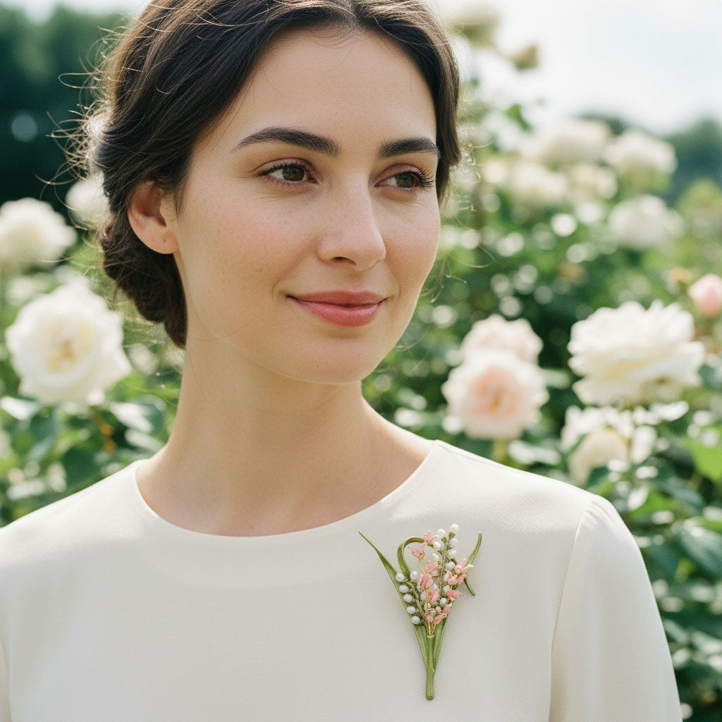 Model wearing lily of the valley enamel flower brooch on blouse
