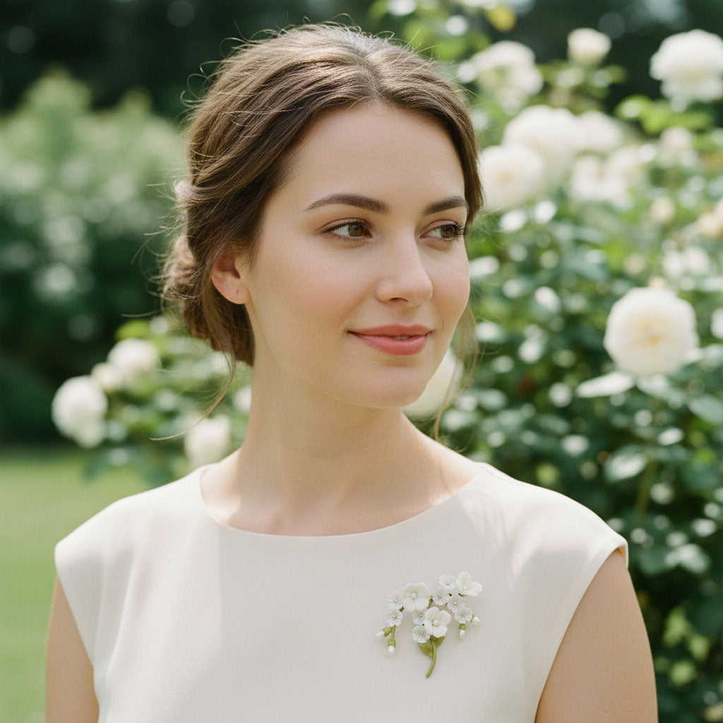 Porcelain flower brooch worn on dress, featuring white blossoms, green enamel leaves and freshwater pearl accents