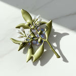 Back view of handcrafted blue floral brooch with metal pin fastening