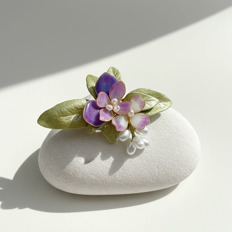 Hand-painted orchid brooch with pearl accents