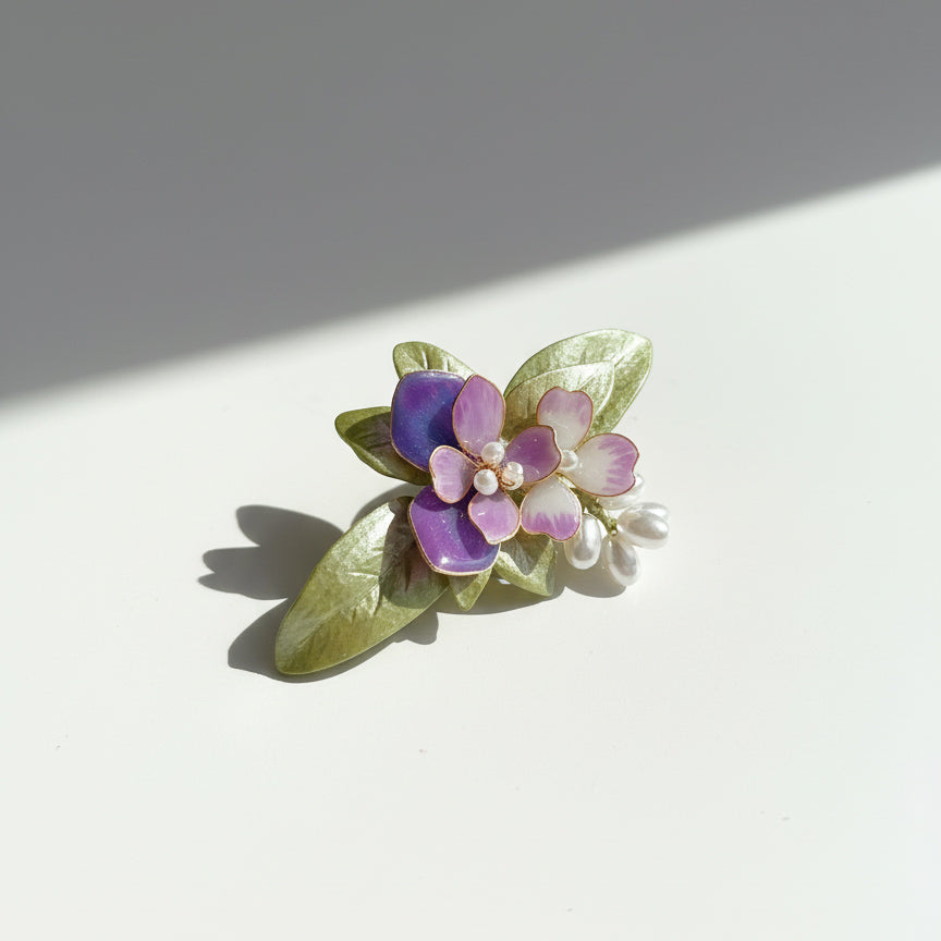 Handcrafted orchid floral brooch with freshwater pearls
