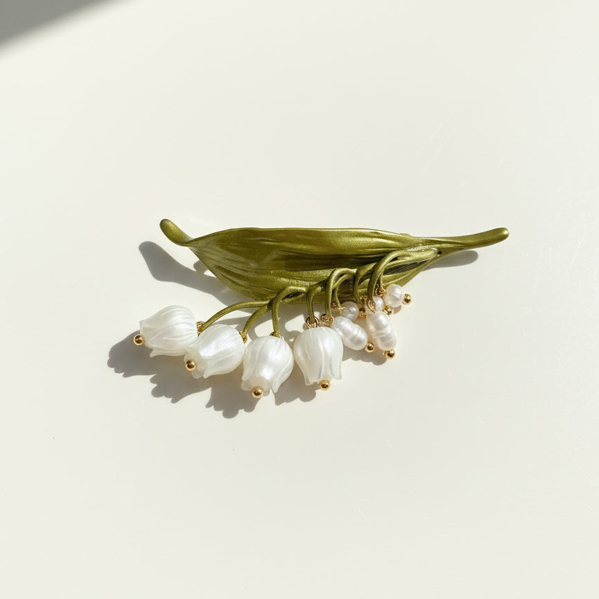 Mother of pearl lily of the valley brooch with freshwater pearls