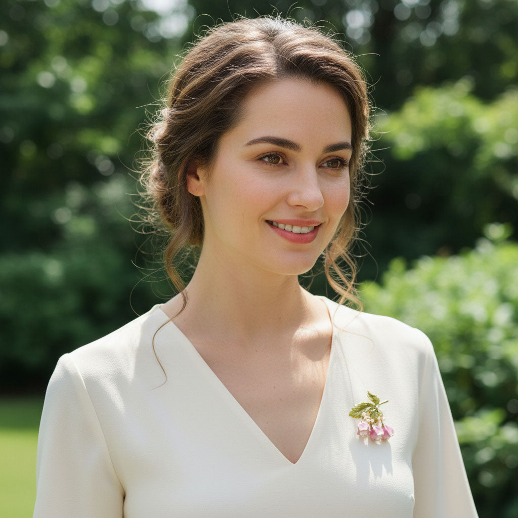 Woman in a white dress with a floral brooch outdoors