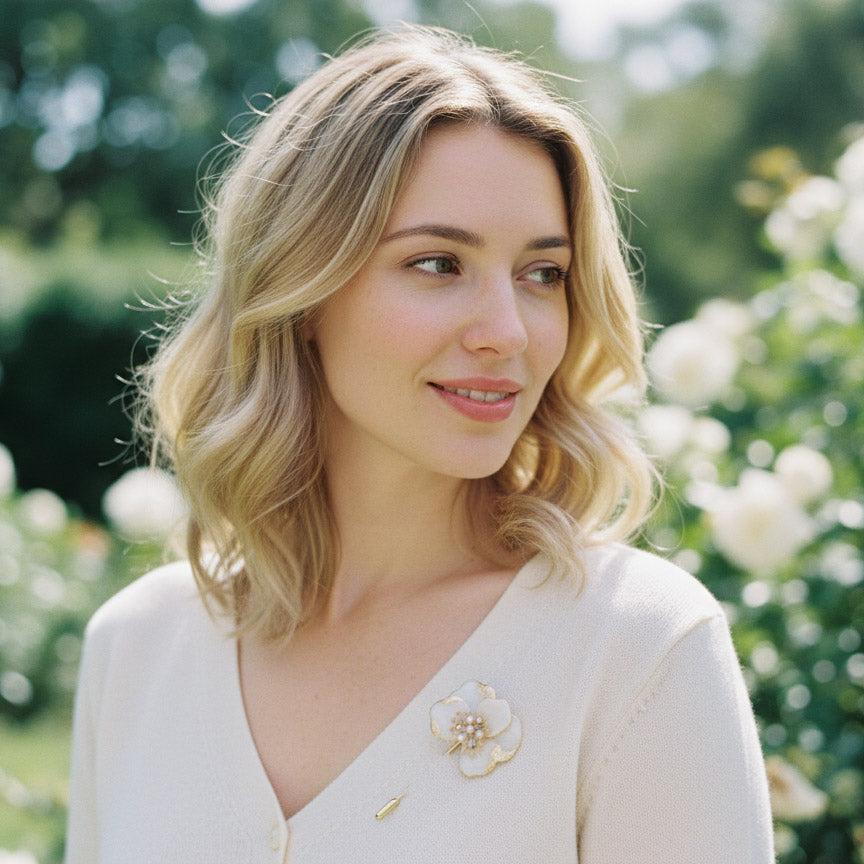 Floral resin brooch worn on cream knit top in garden setting