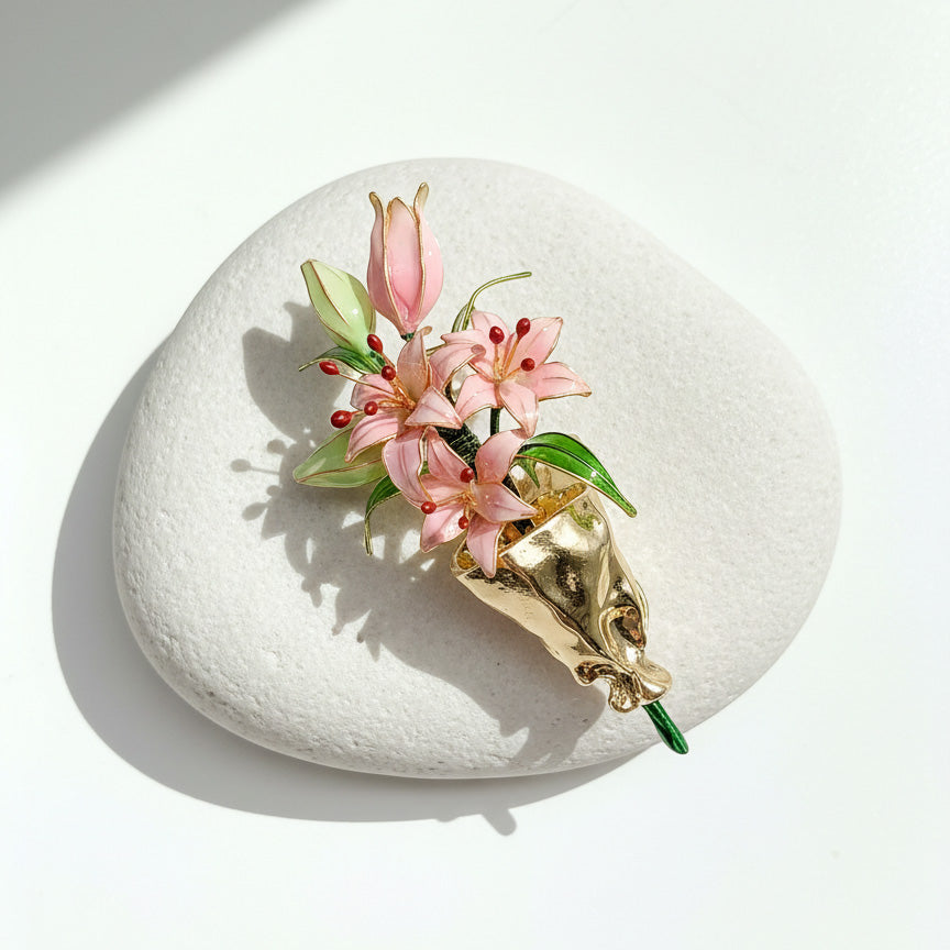 andcrafted floral bouquet brooch with hand-painted resin flowers