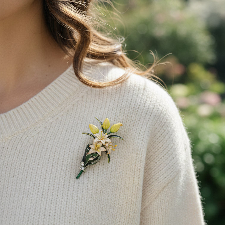 Nature-inspired floral brooch worn on clothing