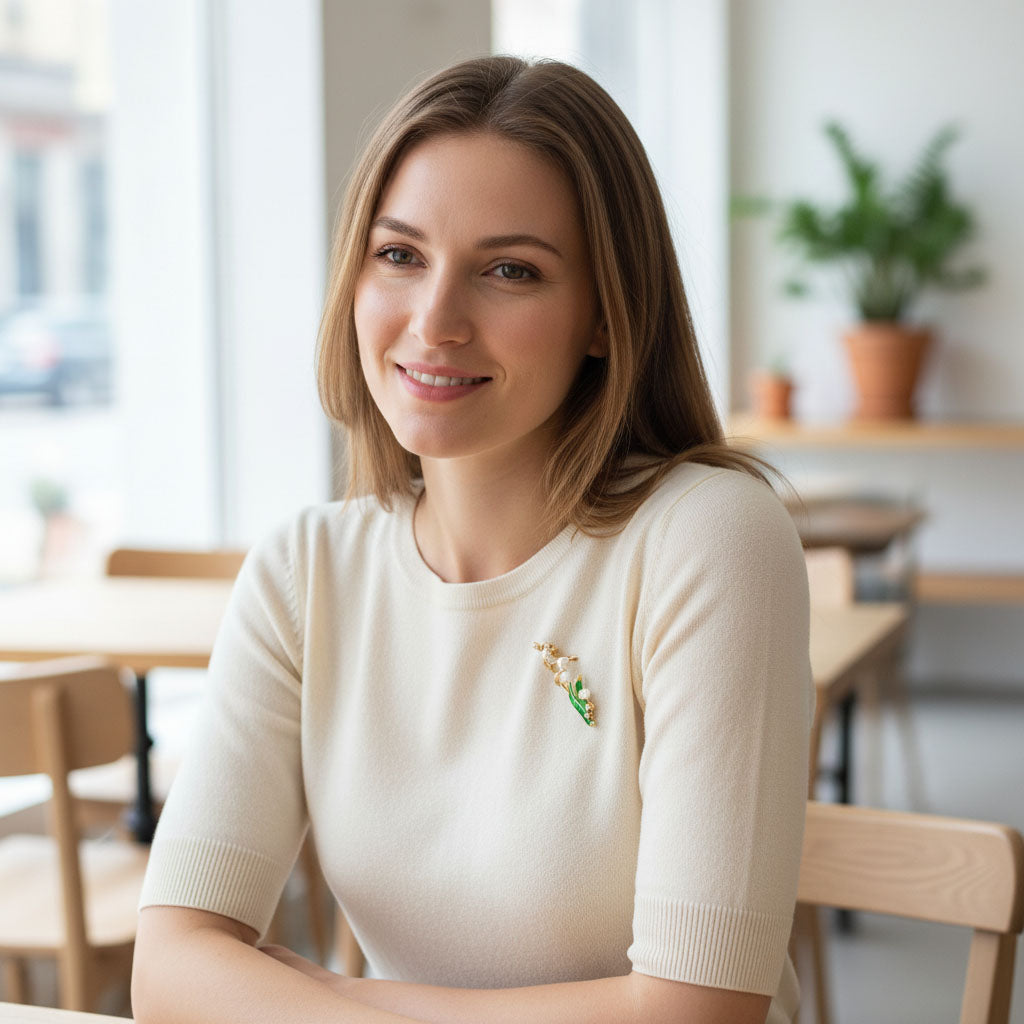 Woman wearing a cream sweater with a brooch in a casual setting