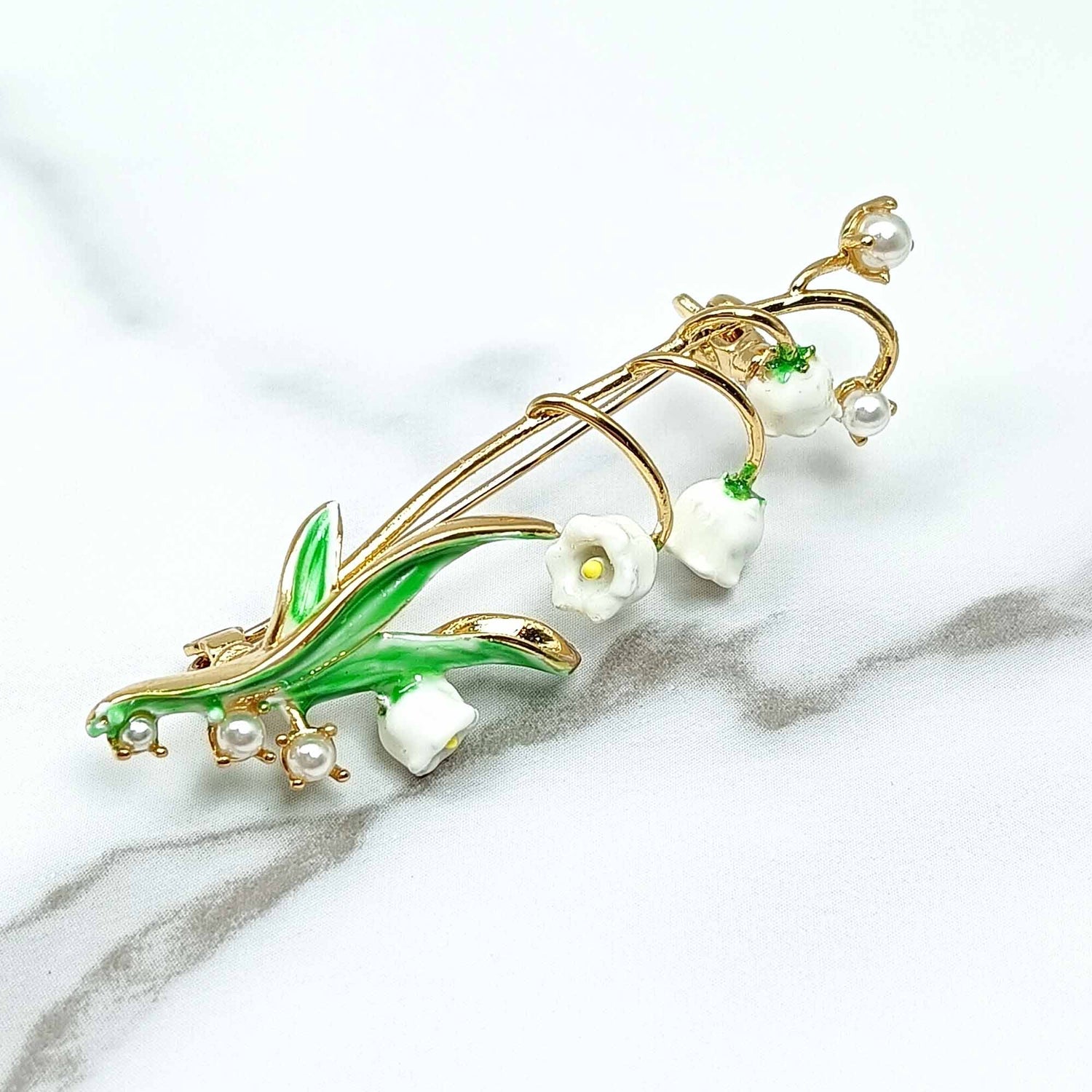 Handpainted Enamel Lily of the Valley Brooch