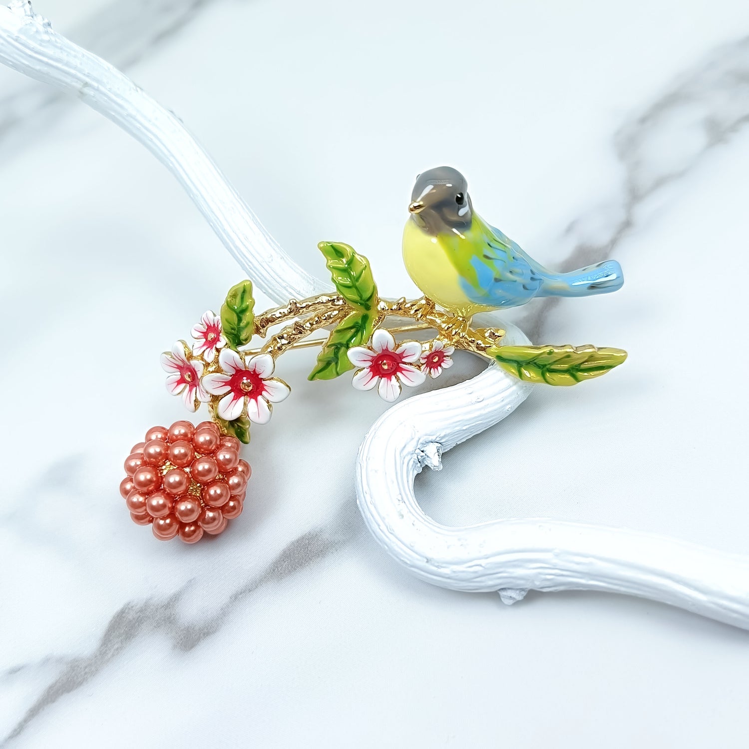 Handcrafted Bird & Floral Enamel Brooch – Nature-Inspired Pin