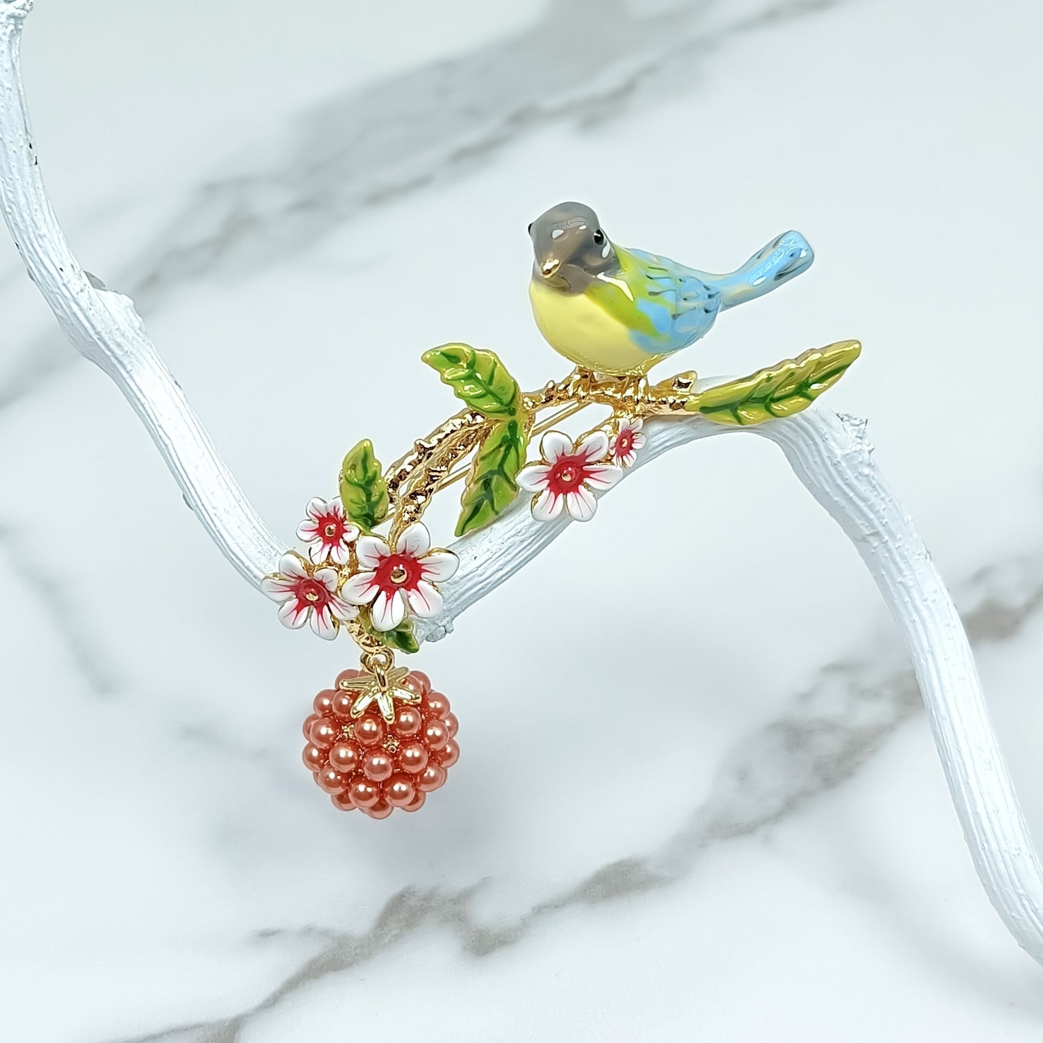 Handcrafted Bird & Floral Enamel Brooch – Nature-Inspired Pin