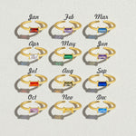 Gold-plated silver adjustable birthstone rings with rectangular CZ stones in 12 monthly colors, by A2K London.