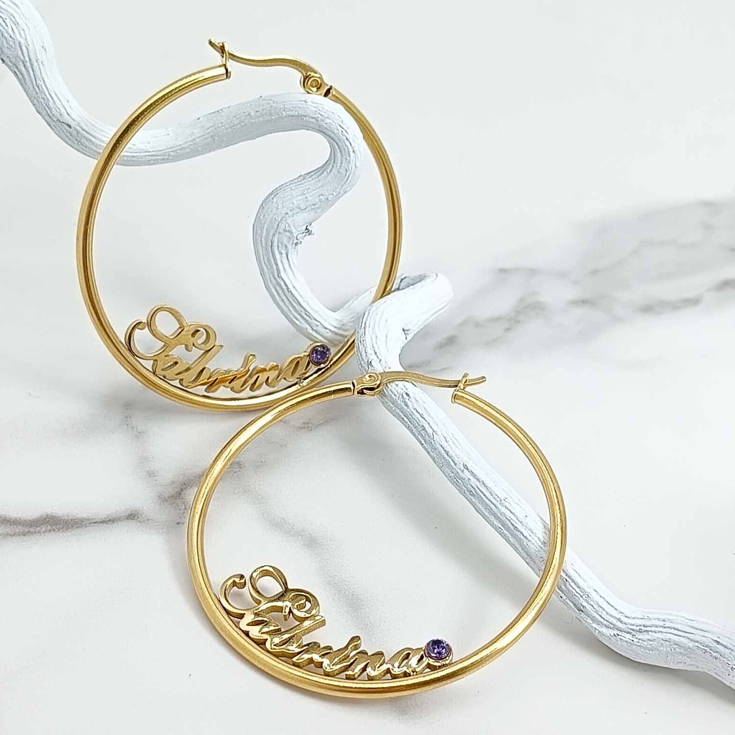 Custom Birthstone Hoop Earrings with Name – Gold / Rose Gold / Silver