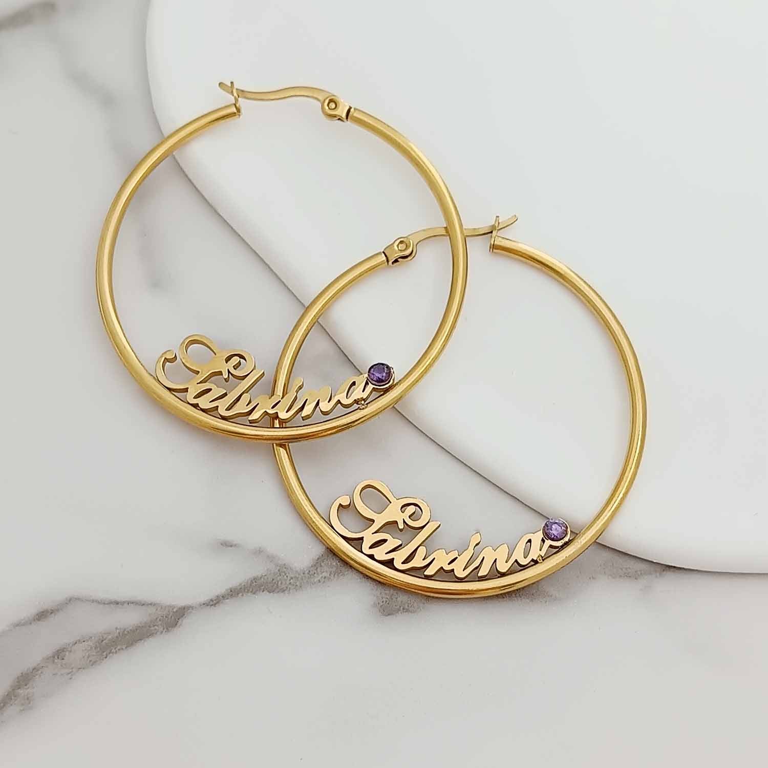 Custom Birthstone Hoop Earrings with Name – Gold / Rose Gold / Silver