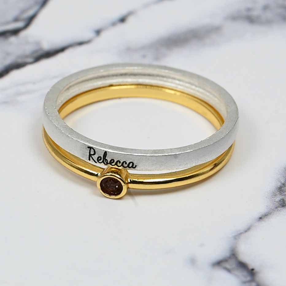 Two-Tone Custom Birthstone & Name Stackable Ring – Brass, Sizes 5–11