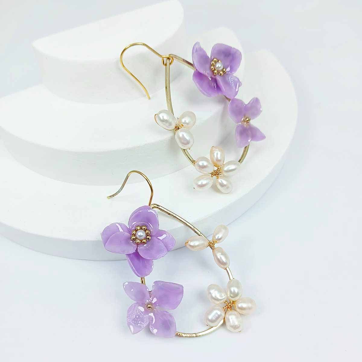 Handcrafted Hydrangea & Pearl Floral Hoop Earrings