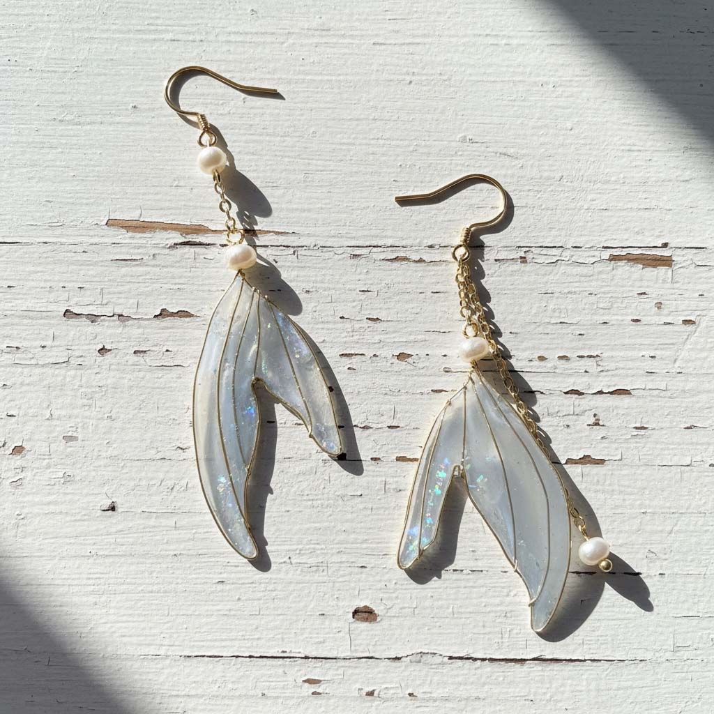 Pair of earrings with feather-like design on a textured surface