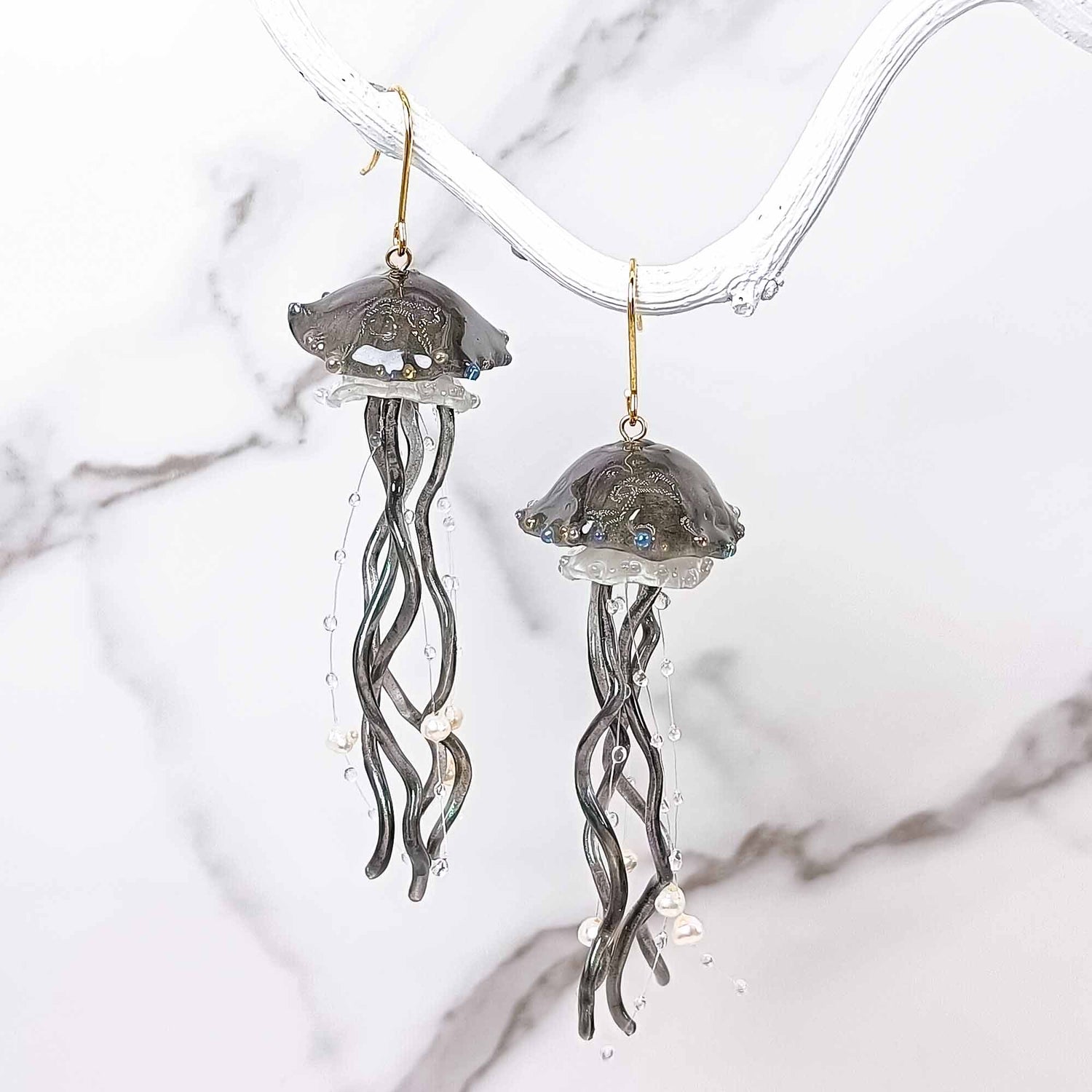 Ethereal Jellyfish Statement Earrings – Handcrafted Resin & Freshwater Pearl Accents