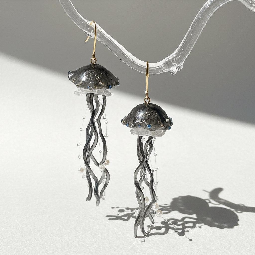 Jellyfish-shaped earrings on a clear stand with a gray background