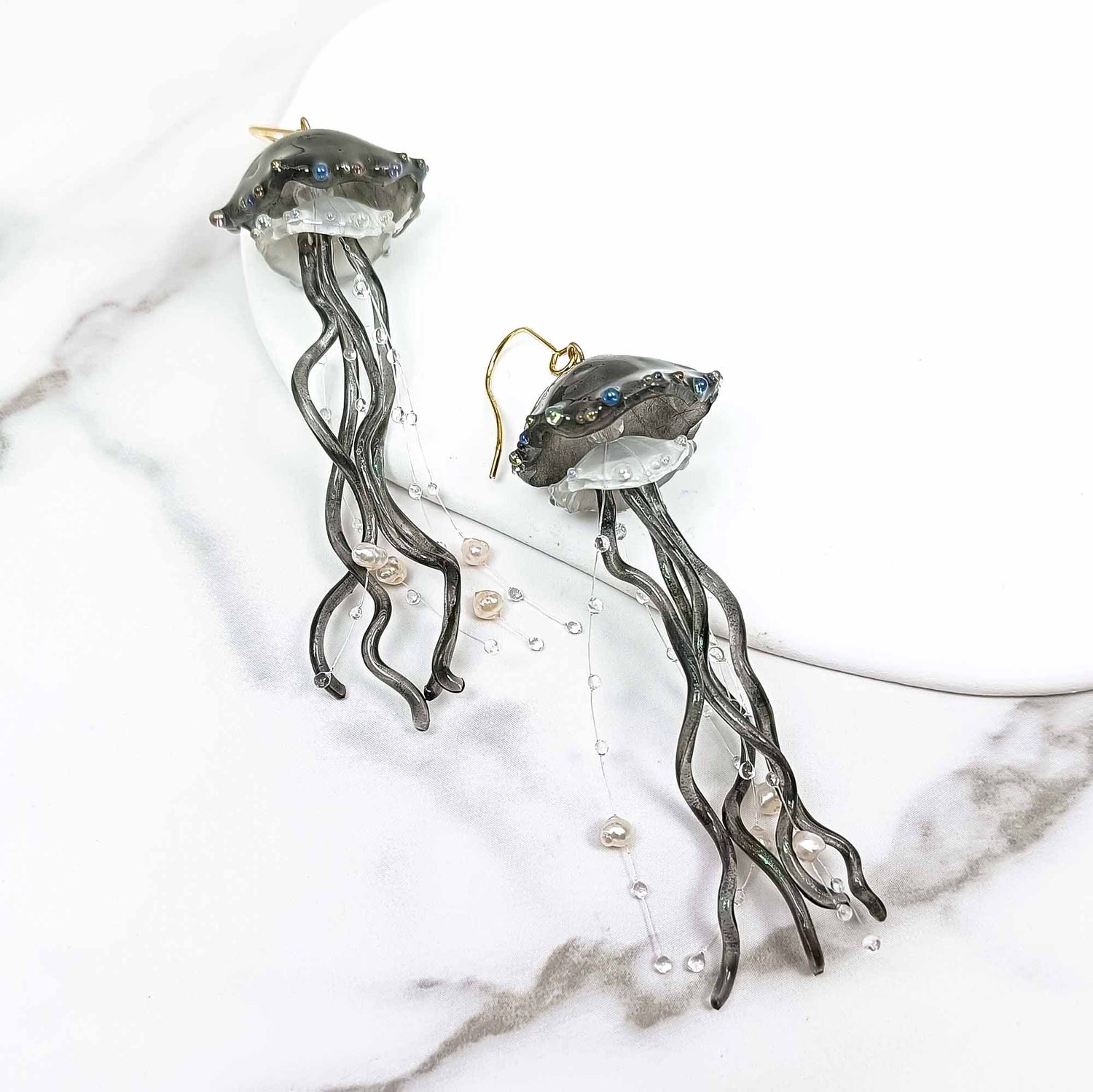 Ethereal Jellyfish Statement Earrings – Handcrafted Resin & Freshwater Pearl Accents