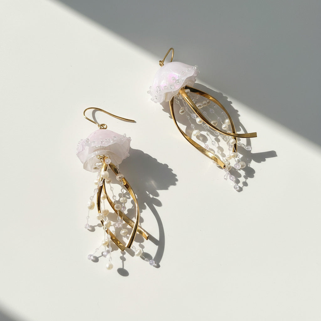 Pair of gold and white earrings on a light background