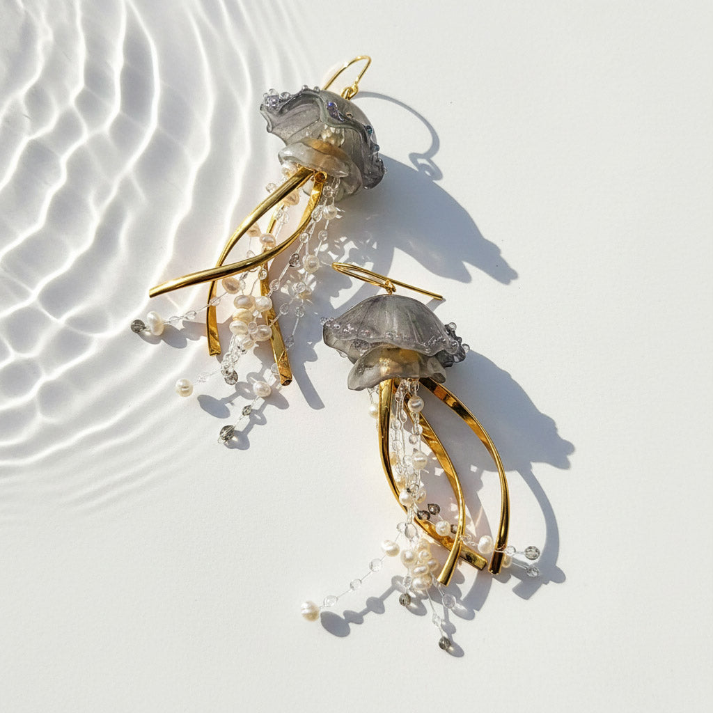 Gold and grey jellyfish-inspired earrings with pearl bead strands and resin details, displayed under ripple light.