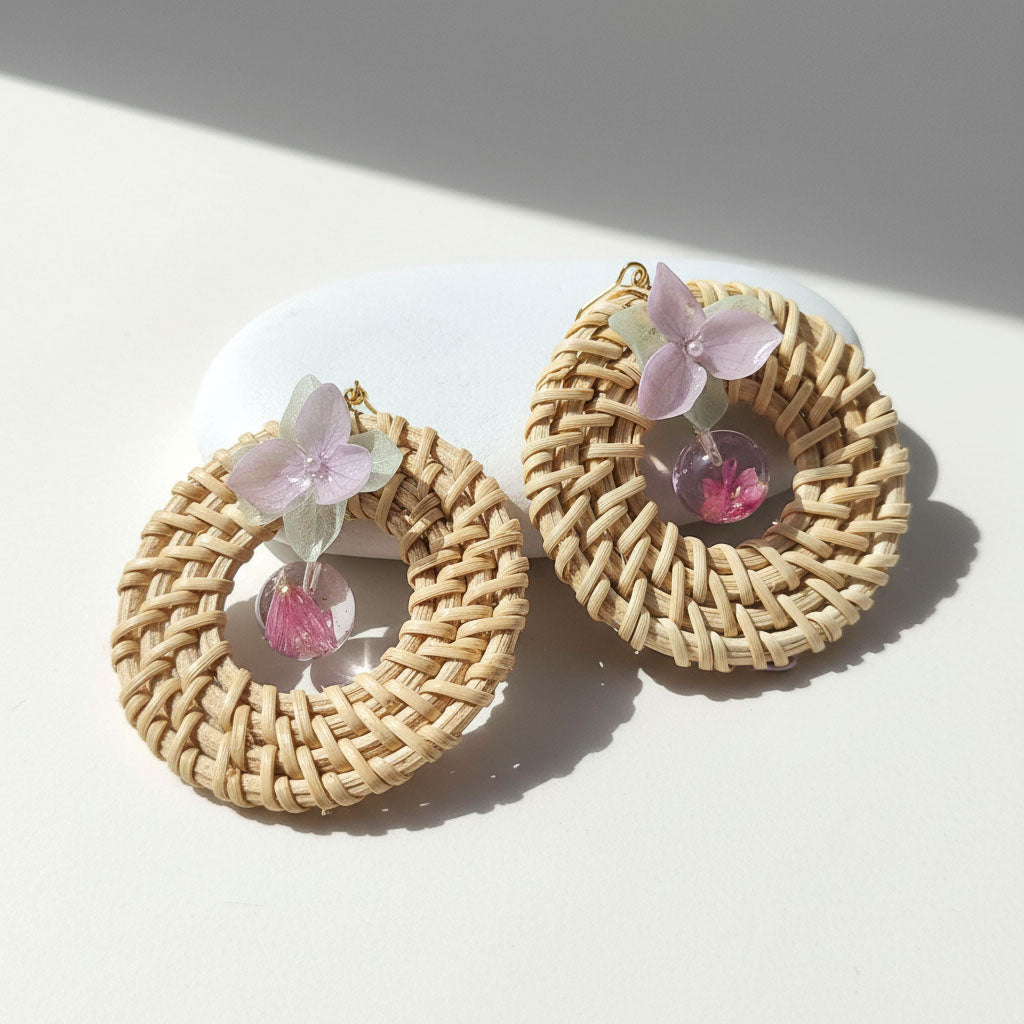 Handwoven Rattan Dried Flower Earrings