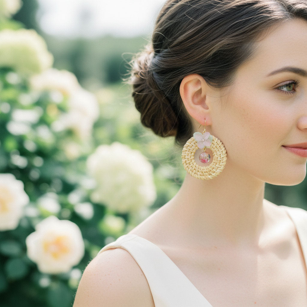 Handwoven Rattan Dried Flower Earrings