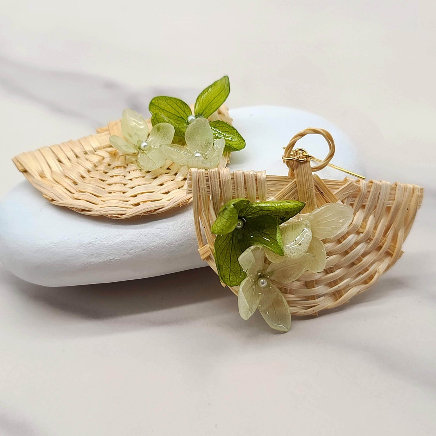 Handwoven Rattan Earrings / Real Hydrangea Earrings