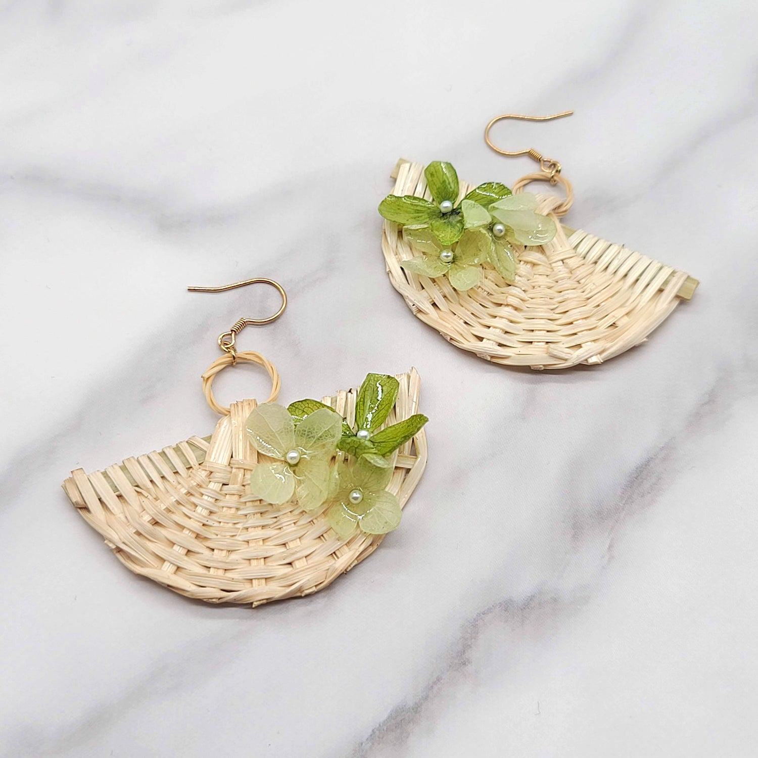 Handwoven Rattan Earrings / Real Hydrangea Earrings