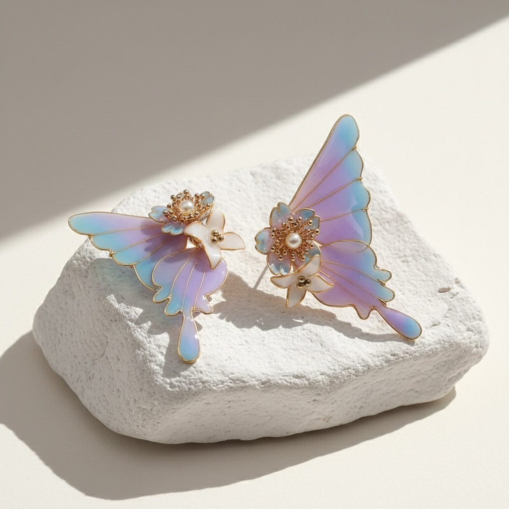 Butterfly Wings, Flower Glitter Earrings