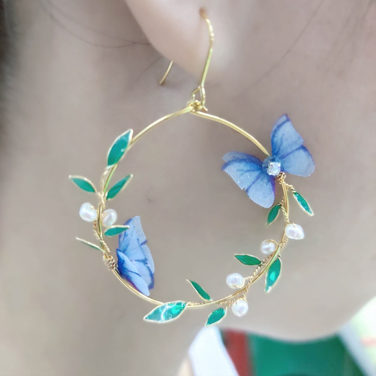 Blue Butterfly Hoop Earrings with Freshwater Pearls – Handmade