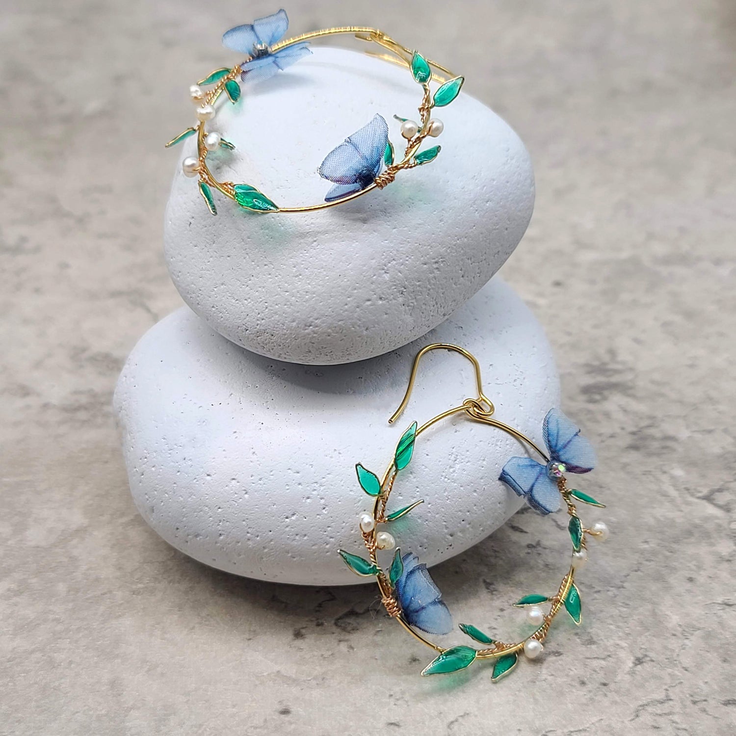Blue Butterfly Hoop Earrings with Freshwater Pearls – Handmade